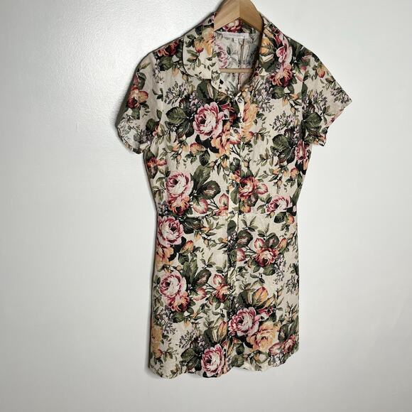 Olivaceous Womens Linen Blend Short Sleeve Mini Shirtdress Medium Cream Floral - Picture 2 of 10